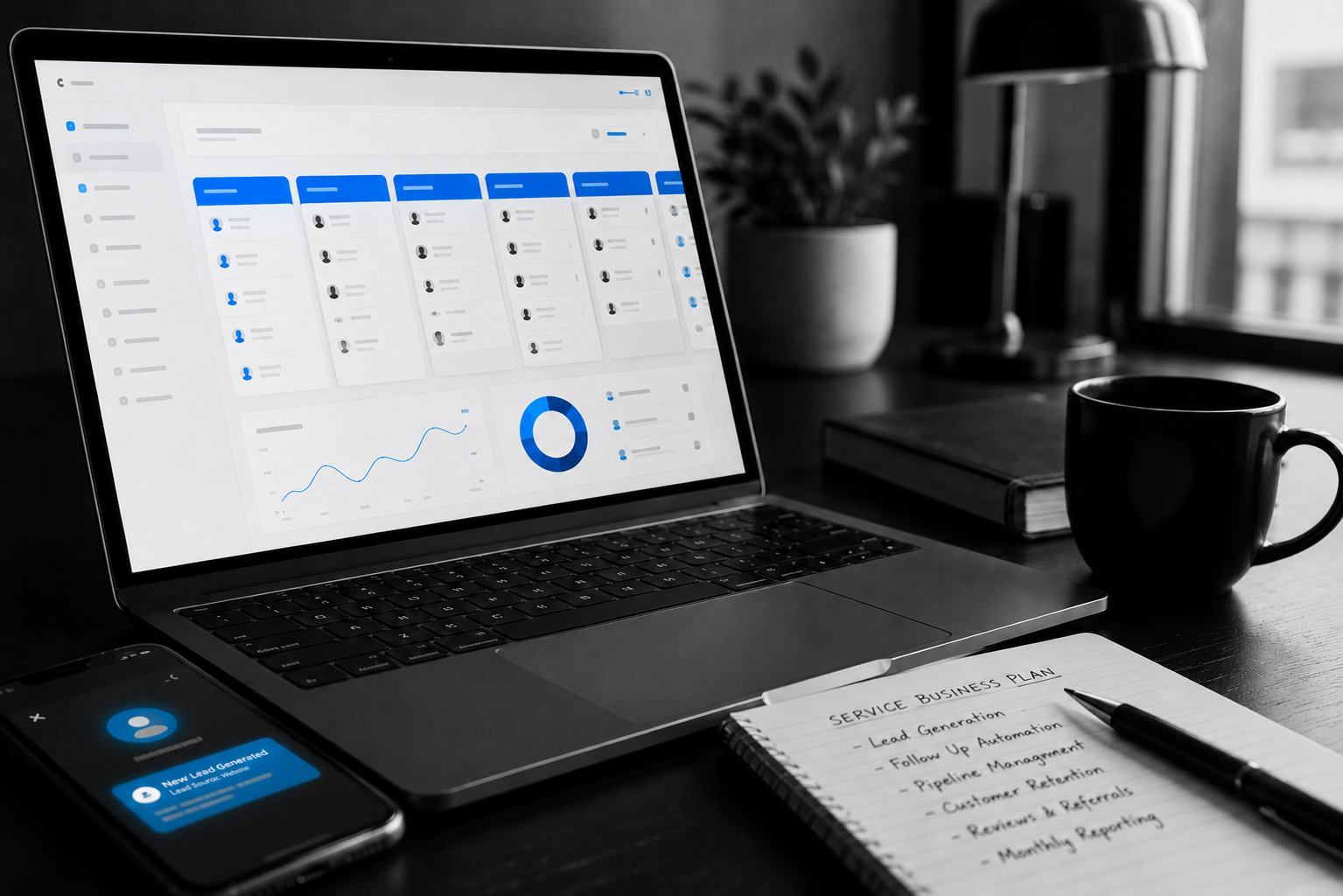 Black and white CRM and AI dashboard on a laptop in a modern office.