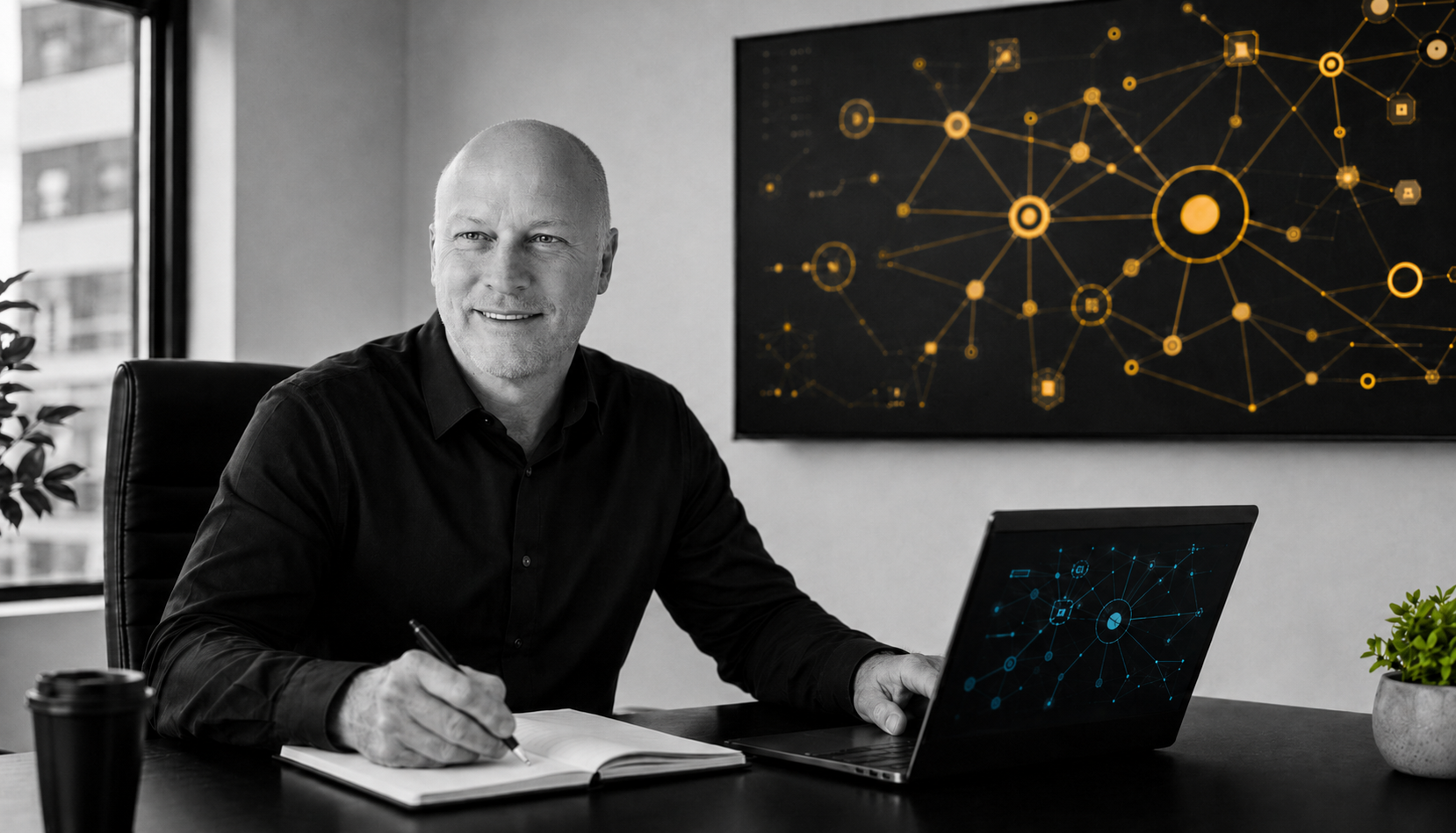 Black and white editorial image of a growth strategist reviewing a customer acquisition system.